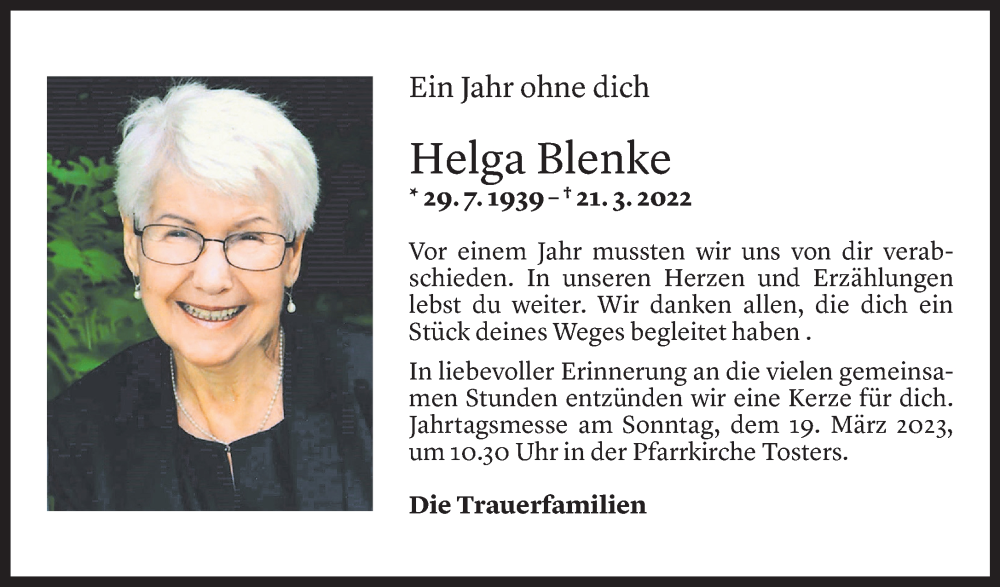  Todesanzeige für Helga Blenke vom 17.03.2023 aus Vorarlberger Nachrichten