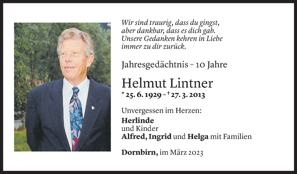  Todesanzeige für Helmut Lintner vom 26.03.2023 aus Vorarlberger Nachrichten