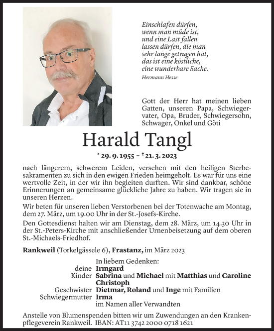 Todesanzeige von Harald Tangl von Vorarlberger Nachrichten