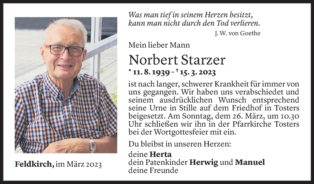  Todesanzeige für Norbert Starzer vom 23.03.2023 aus Vorarlberger Nachrichten