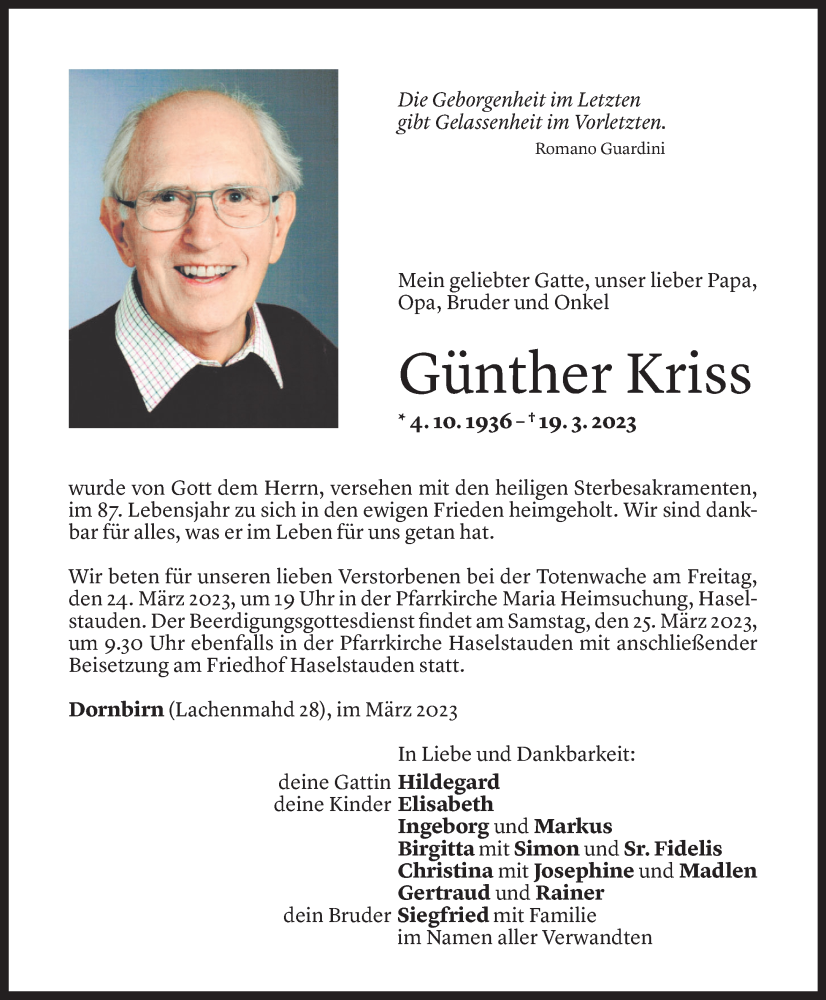  Todesanzeige für Günther Kriss vom 21.03.2023 aus Vorarlberger Nachrichten