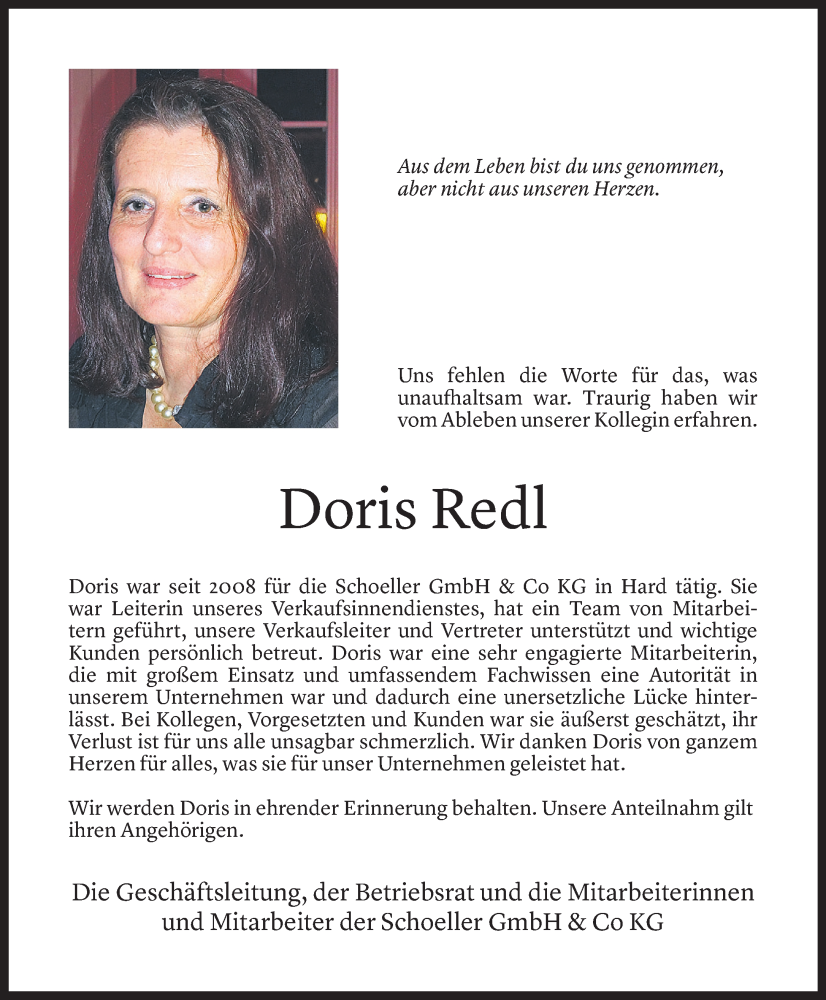  Todesanzeige für Doris Redl vom 01.04.2023 aus Vorarlberger Nachrichten
