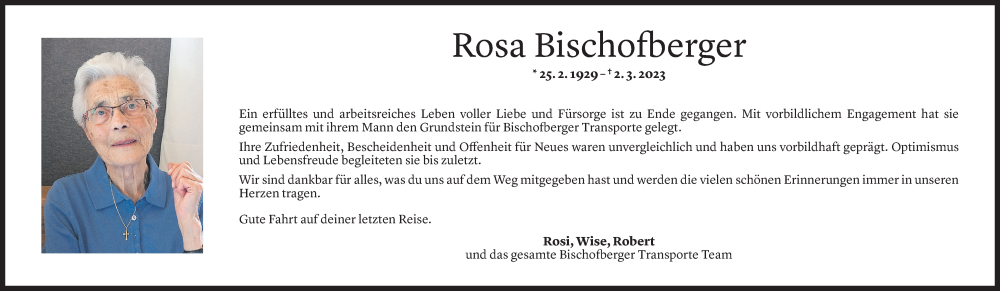  Todesanzeige für Rosa Bischofberger vom 03.03.2023 aus Vorarlberger Nachrichten
