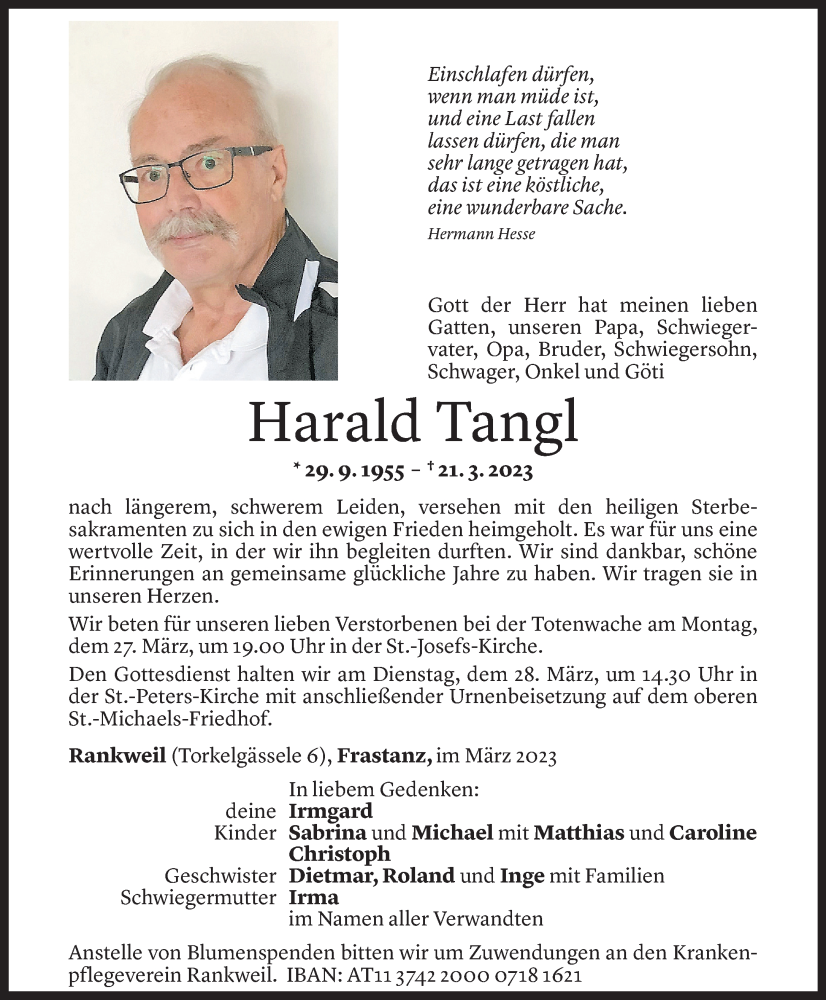  Todesanzeige für Harald Tangl vom 25.03.2023 aus Vorarlberger Nachrichten