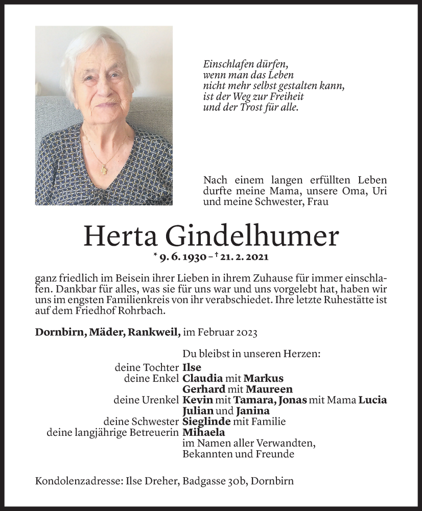  Todesanzeige für Herta Gindelhumer vom 03.03.2023 aus Vorarlberger Nachrichten