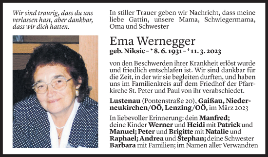 Todesanzeige von Ema Wernegger von Vorarlberger Nachrichten