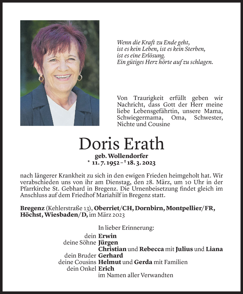  Todesanzeige für Doris Erath vom 22.03.2023 aus Vorarlberger Nachrichten