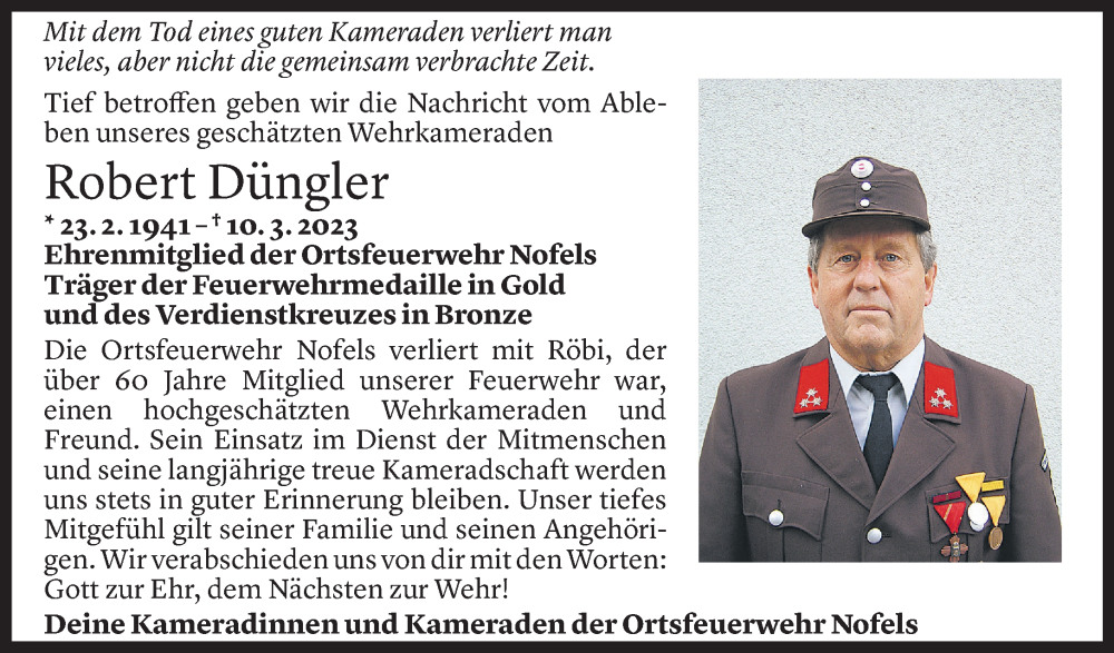  Todesanzeige für Robert Düngler vom 15.03.2023 aus Vorarlberger Nachrichten