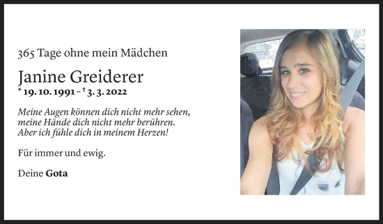 Todesanzeige von Janine Greiderer von Vorarlberger Nachrichten