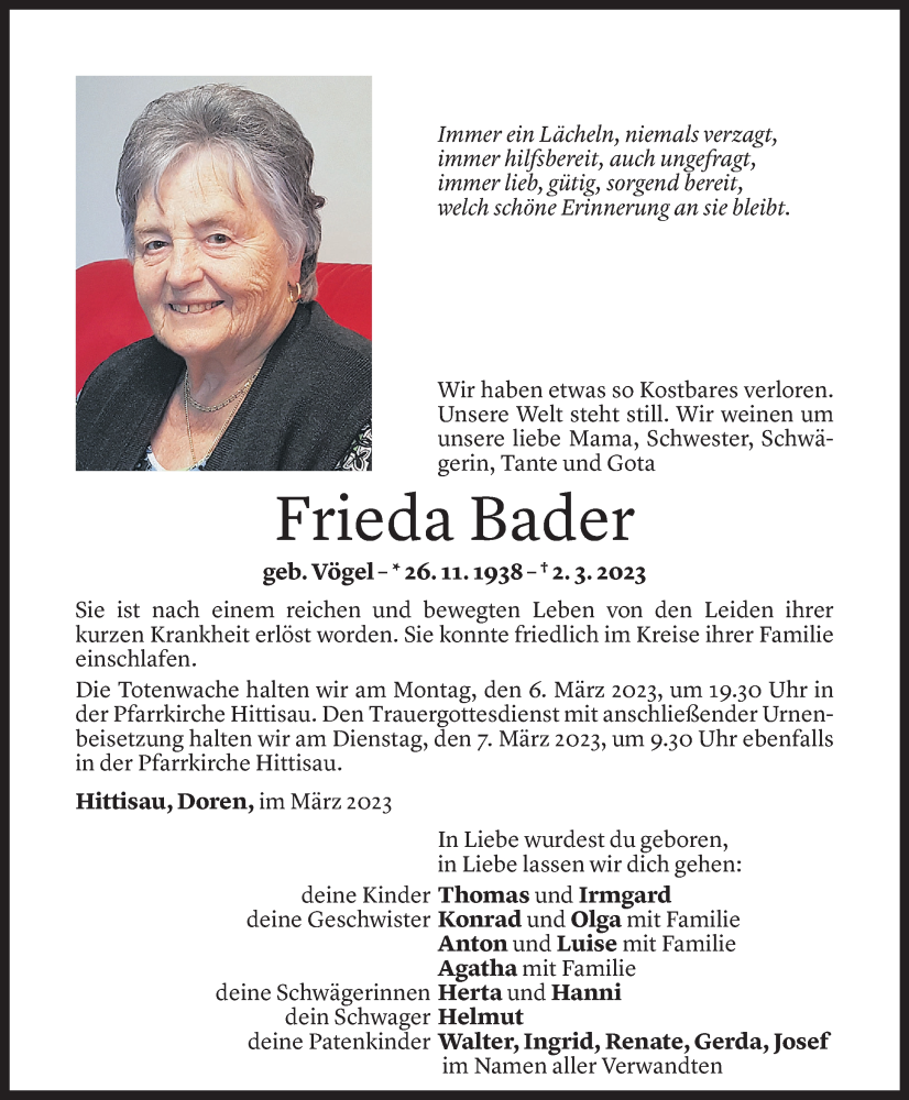  Todesanzeige für Frieda Bader vom 03.03.2023 aus Vorarlberger Nachrichten