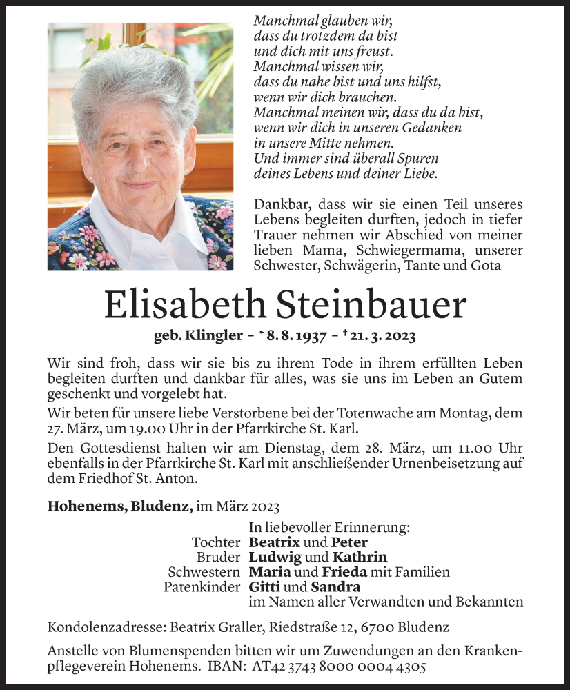  Todesanzeige für Elisabeth Steinbauer vom 23.03.2023 aus Vorarlberger Nachrichten