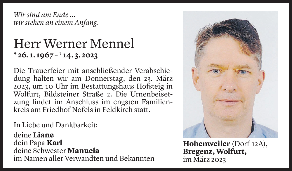  Todesanzeige für Werner Mennel vom 21.03.2023 aus Vorarlberger Nachrichten