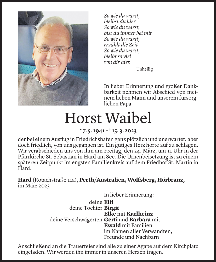  Todesanzeige für Horst Waibel vom 22.03.2023 aus Vorarlberger Nachrichten