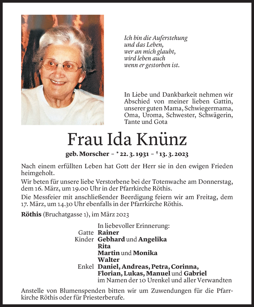  Todesanzeige für Ida Knünz vom 15.03.2023 aus Vorarlberger Nachrichten