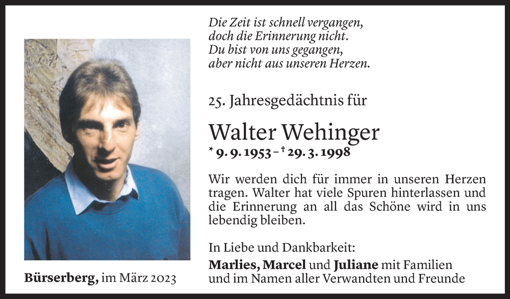  Todesanzeige für Walter Wehinger vom 24.03.2023 aus Vorarlberger Nachrichten