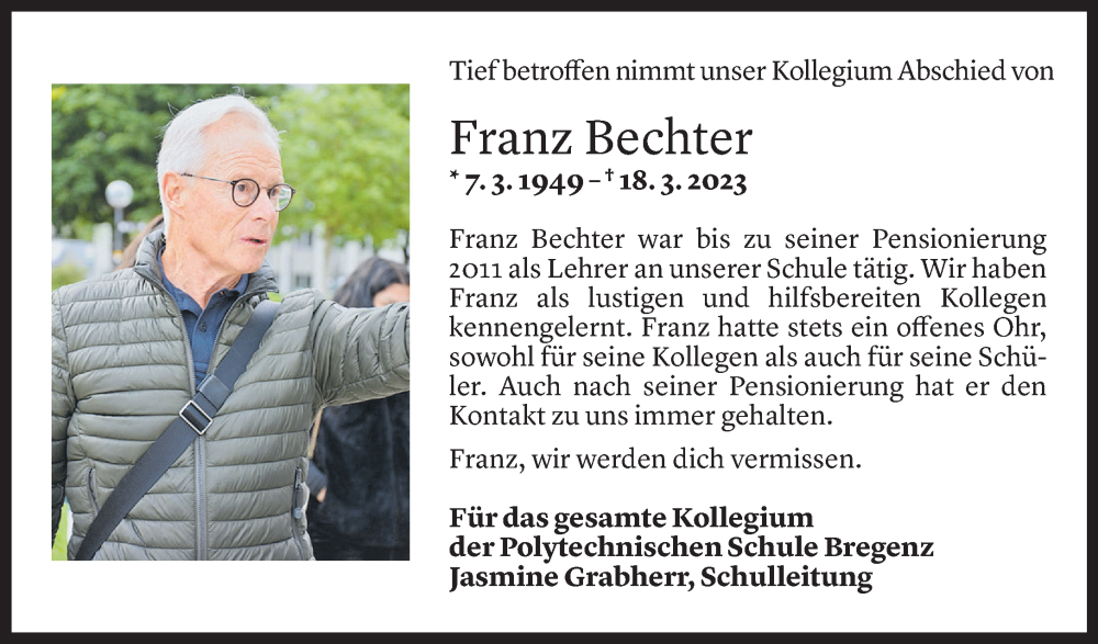  Todesanzeige für Franz Bechter vom 22.03.2023 aus Vorarlberger Nachrichten