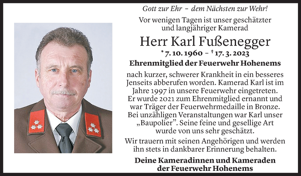  Todesanzeige für Karl Fußenegger vom 22.03.2023 aus Vorarlberger Nachrichten