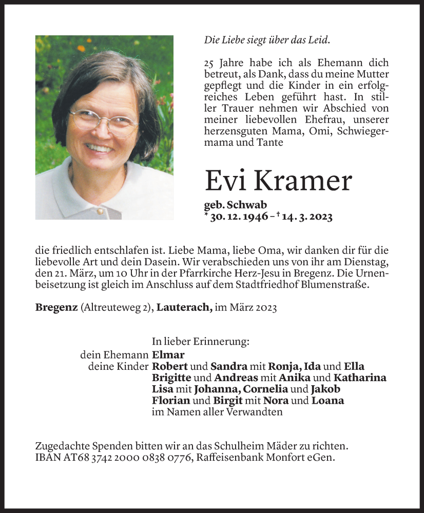  Todesanzeige für Evi Kramer vom 16.03.2023 aus Vorarlberger Nachrichten
