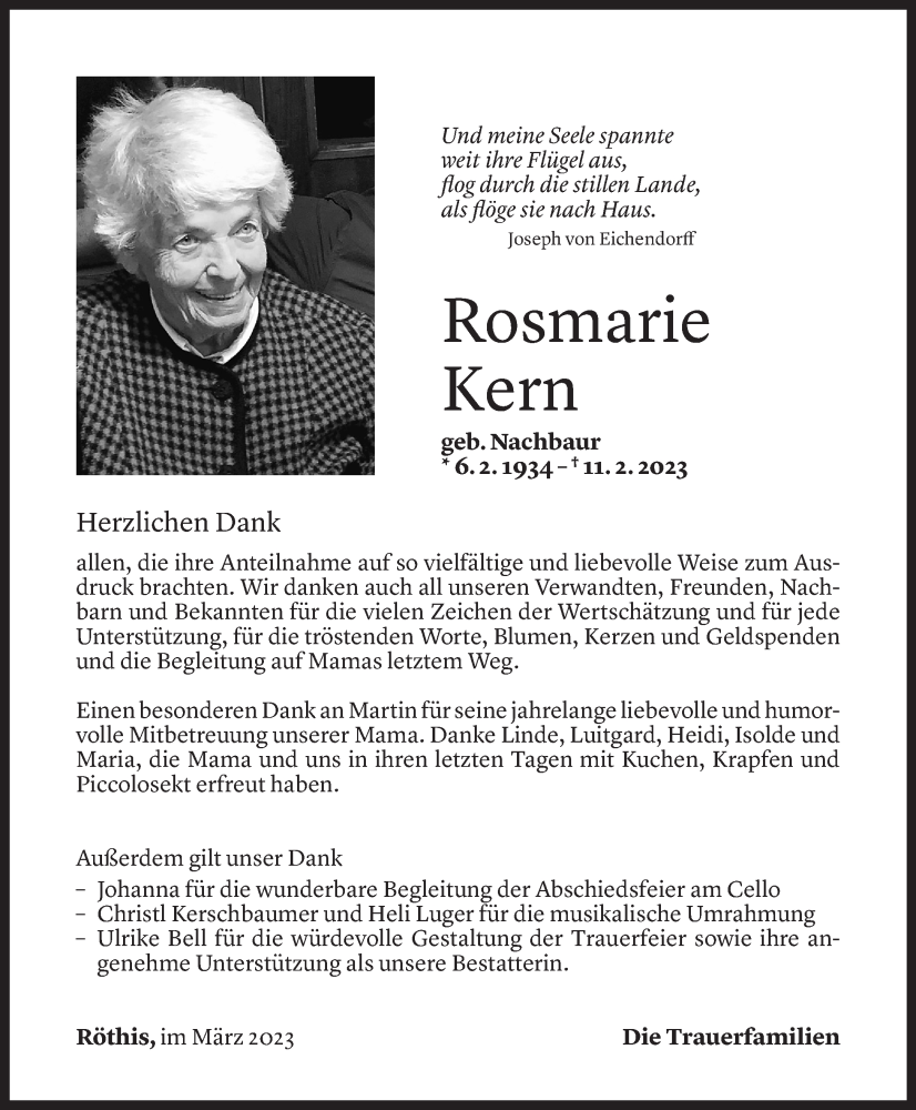  Todesanzeige für Rosmarie Kern vom 08.03.2023 aus Vorarlberger Nachrichten