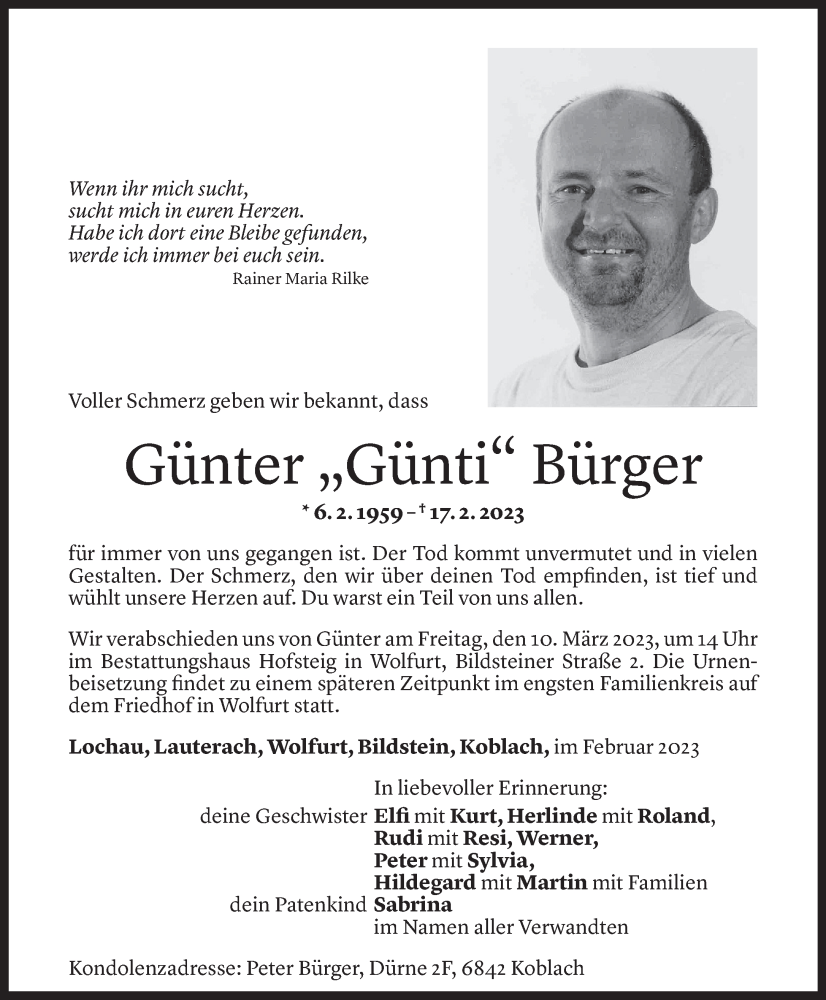  Todesanzeige für Günter Bürger vom 08.03.2023 aus Vorarlberger Nachrichten