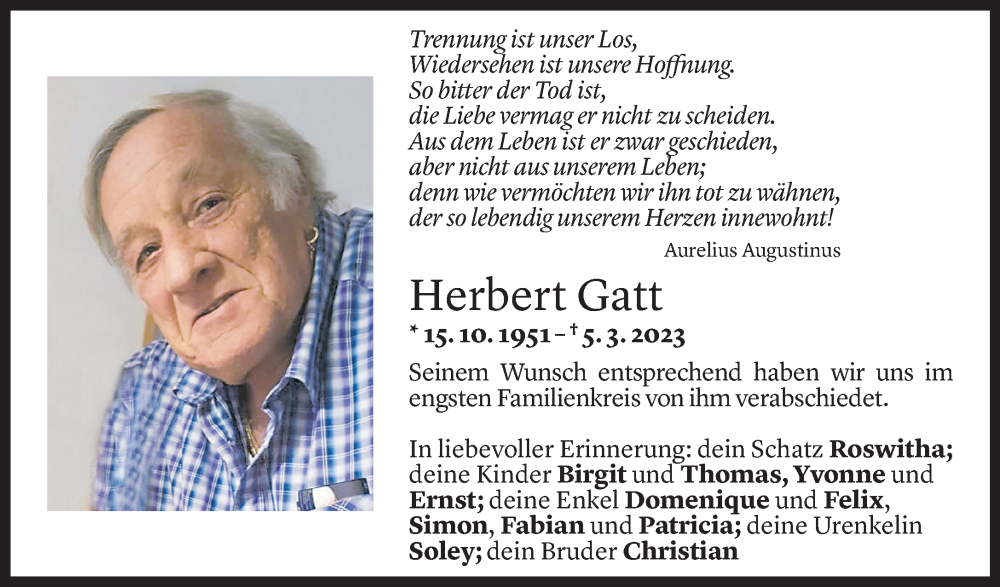  Todesanzeige für Herbert Gatt vom 10.03.2023 aus Vorarlberger Nachrichten
