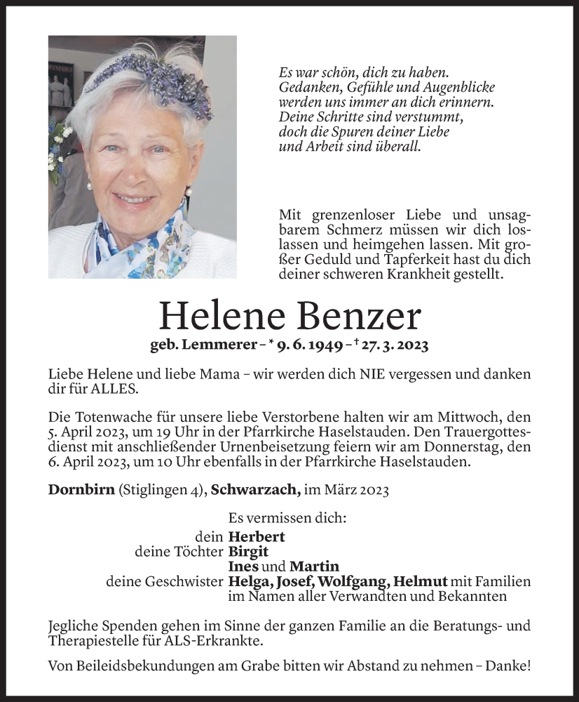  Todesanzeige für Helene Benzer vom 31.03.2023 aus Vorarlberger Nachrichten