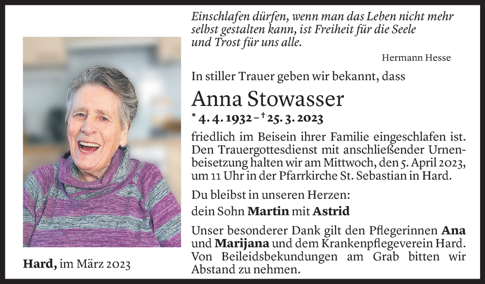  Todesanzeige für Anna Stowasser vom 31.03.2023 aus Vorarlberger Nachrichten
