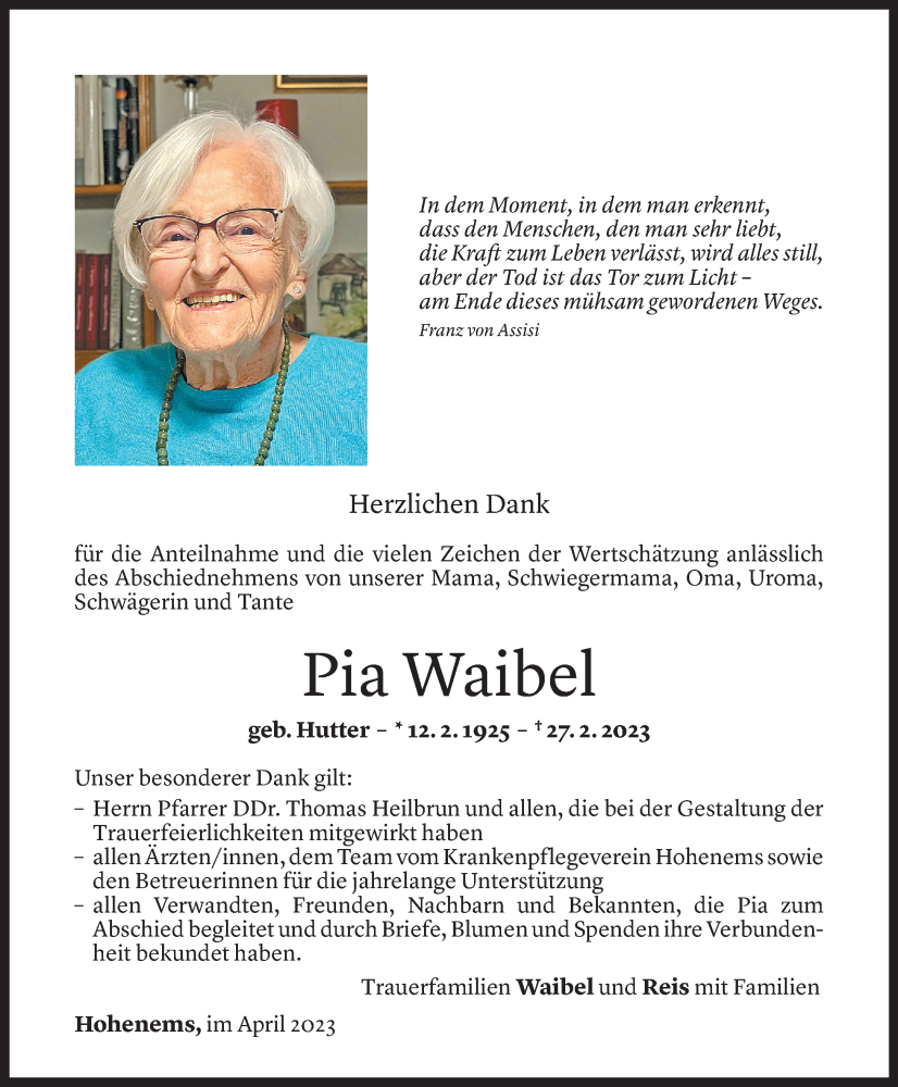  Todesanzeige für Pia Waibel vom 08.04.2023 aus Vorarlberger Nachrichten