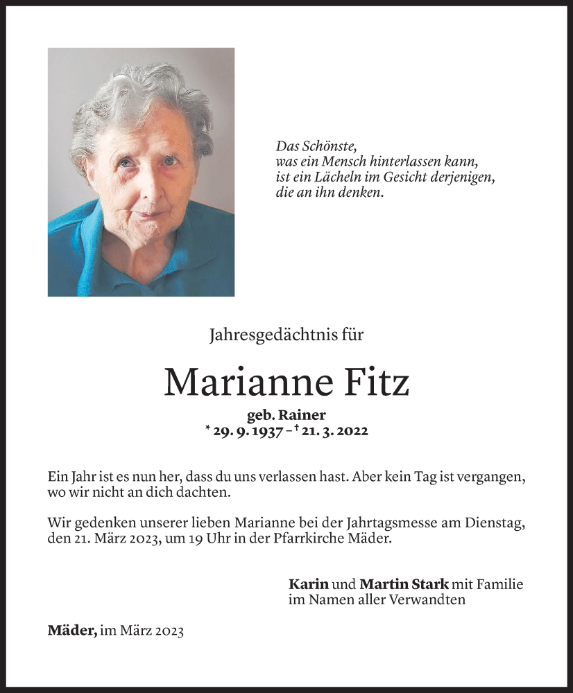  Todesanzeige für Marianne Fitz vom 17.03.2023 aus Vorarlberger Nachrichten