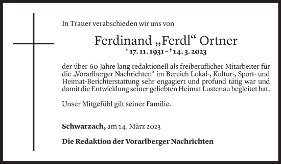Todesanzeige von Ferdinand Ortner von Vorarlberger Nachrichten