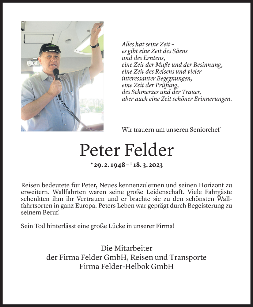  Todesanzeige für Peter Felder vom 22.03.2023 aus Vorarlberger Nachrichten