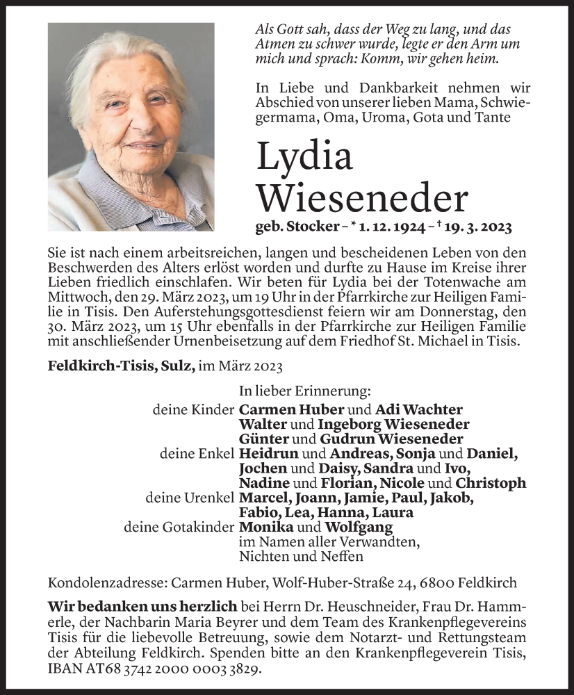  Todesanzeige für Lydia Wieseneder vom 24.03.2023 aus Vorarlberger Nachrichten