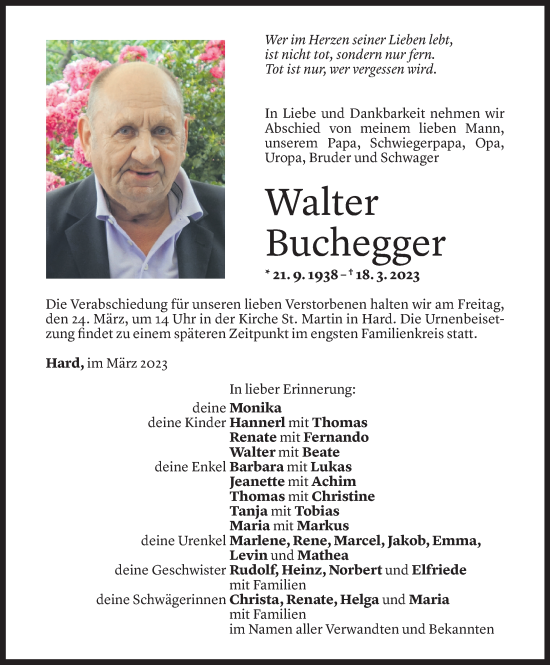 Todesanzeigen Von Walter Buchegger Todesanzeigen Vorarlberger Nachrichten