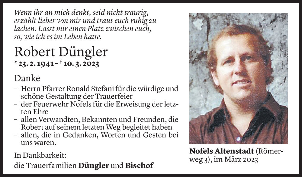 Todesanzeige für Robert Düngler vom 28.03.2023 aus Vorarlberger Nachrichten