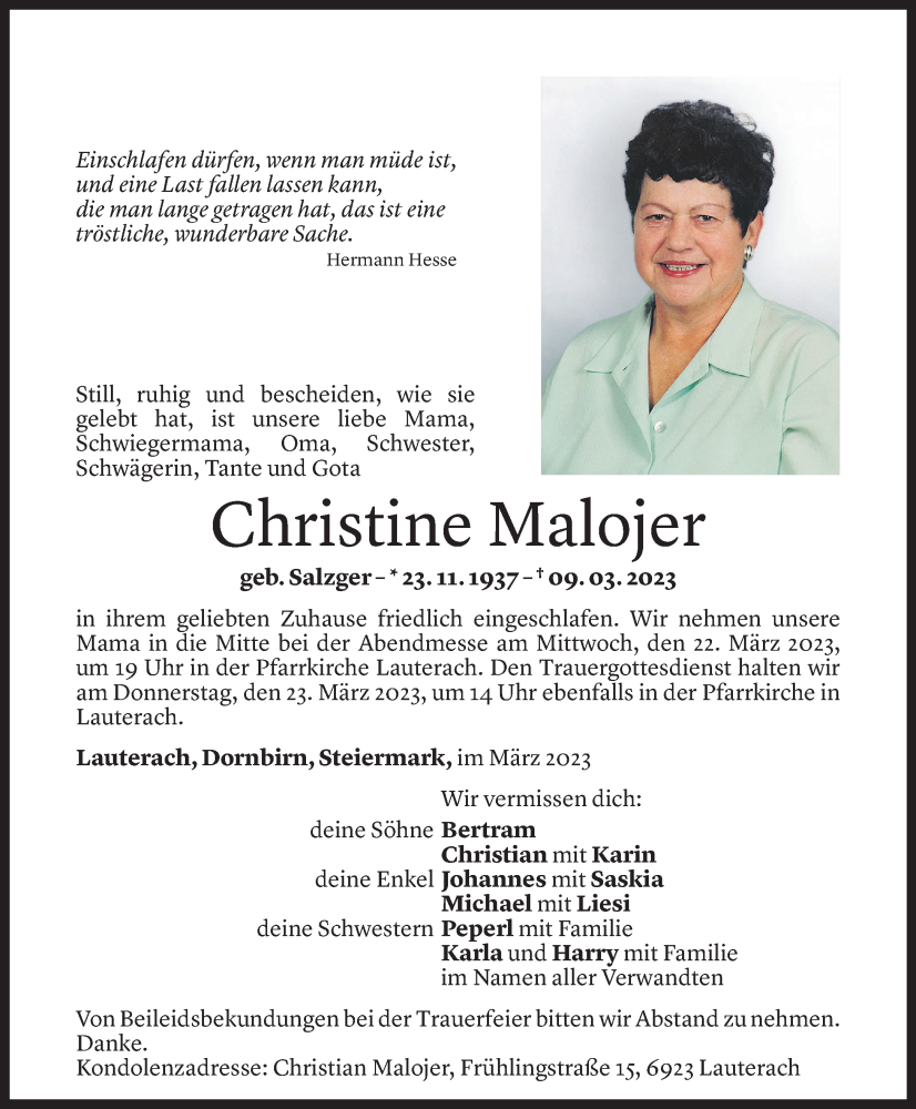  Todesanzeige für Christine Malojer vom 17.03.2023 aus Vorarlberger Nachrichten