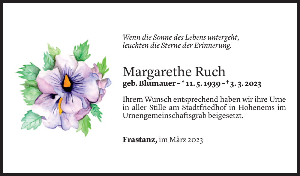  Todesanzeige für Margarethe Ruch vom 24.03.2023 aus Vorarlberger Nachrichten
