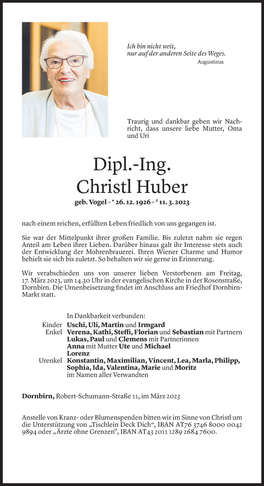  Todesanzeige für Christl Huber vom 15.03.2023 aus Vorarlberger Nachrichten