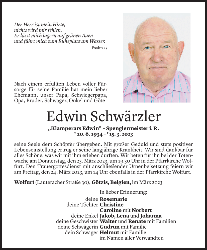  Todesanzeige für Edwin Schwärzler vom 20.03.2023 aus Vorarlberger Nachrichten