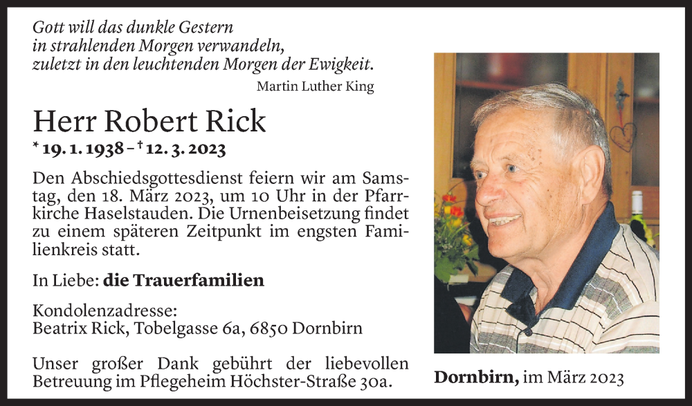 Todesanzeige für Robert Rick vom 15.03.2023 aus Vorarlberger Nachrichten