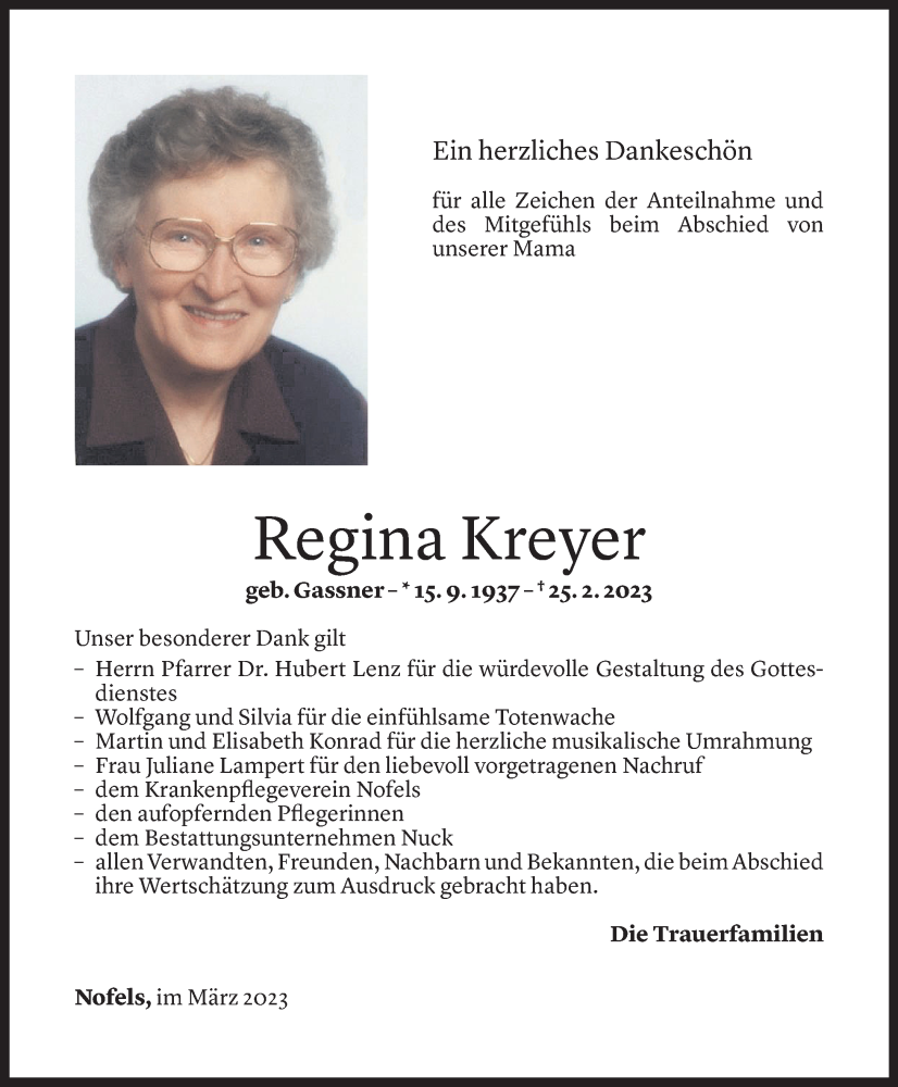  Todesanzeige für Regina Kreyer vom 17.03.2023 aus Vorarlberger Nachrichten