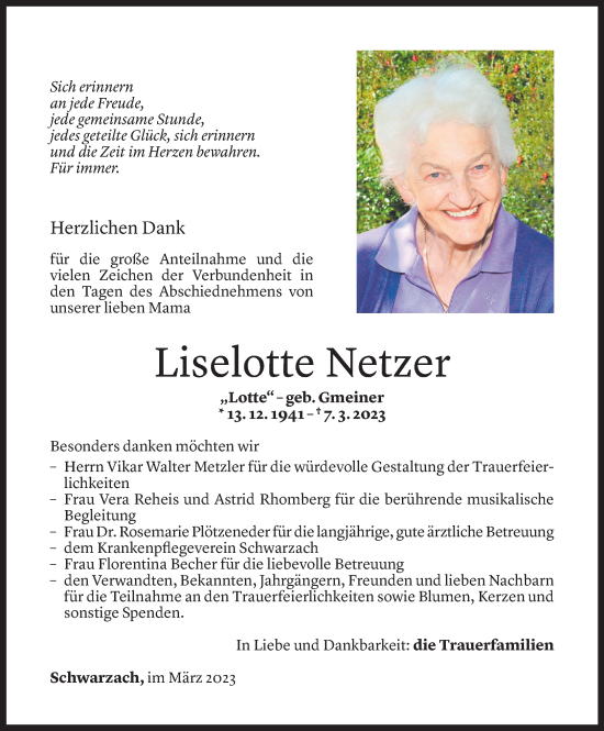 Todesanzeige von Liselotte Netzer von Vorarlberger Nachrichten