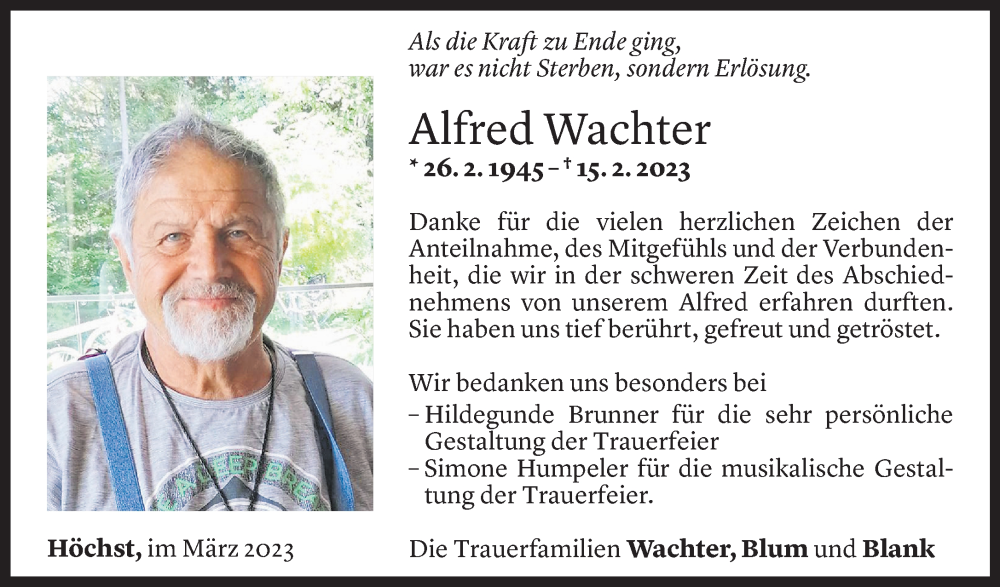  Todesanzeige für Alfred Wachter vom 17.03.2023 aus Vorarlberger Nachrichten