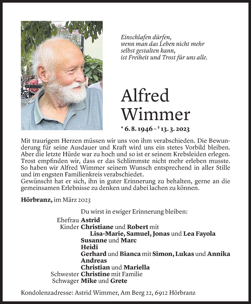  Todesanzeige für Alfred Wimmer vom 25.03.2023 aus Vorarlberger Nachrichten