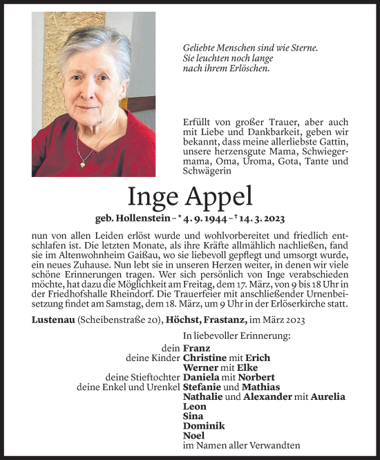 Todesanzeige von Inge Appel von Vorarlberger Nachrichten