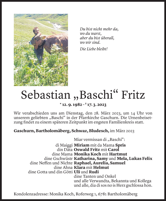 Todesanzeige von Sebastian Fritz von Vorarlberger Nachrichten
