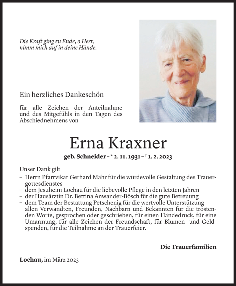  Todesanzeige für Erna Kraxner vom 03.03.2023 aus Vorarlberger Nachrichten