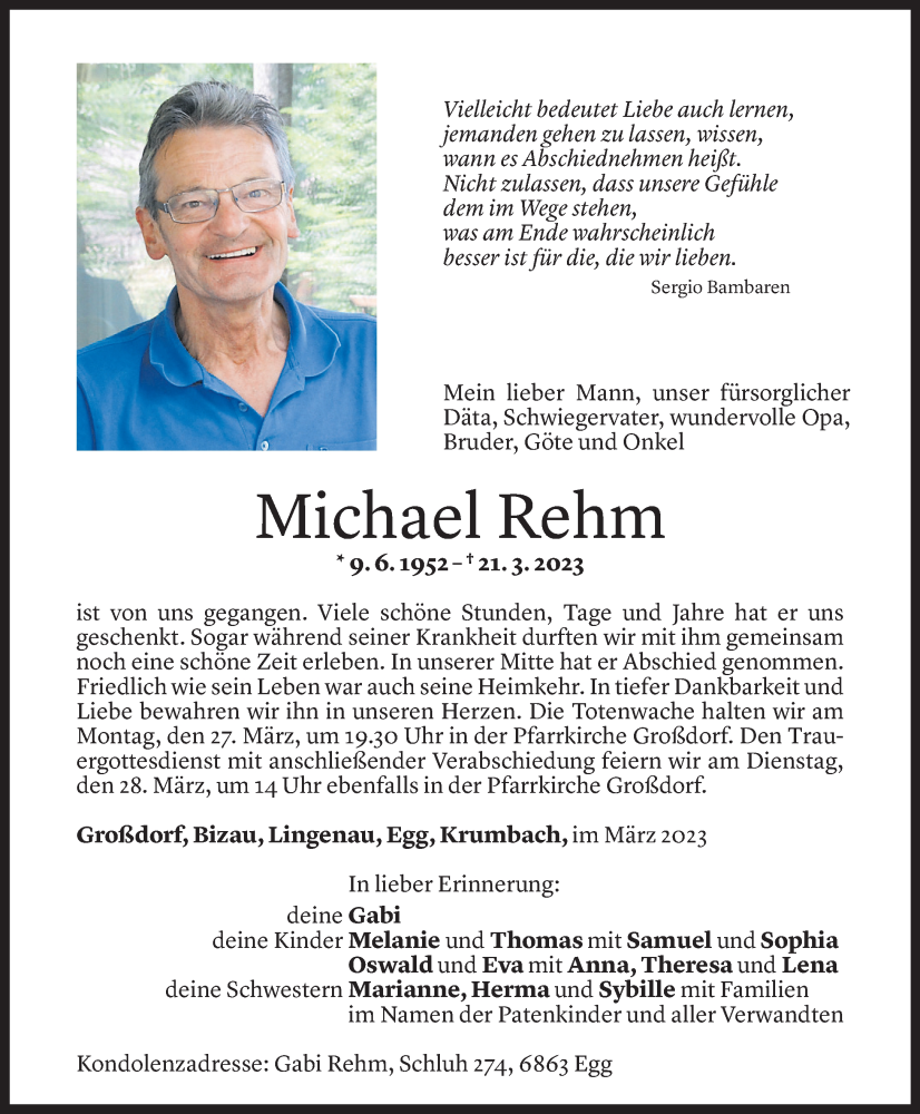  Todesanzeige für Michael Rehm vom 24.03.2023 aus Vorarlberger Nachrichten