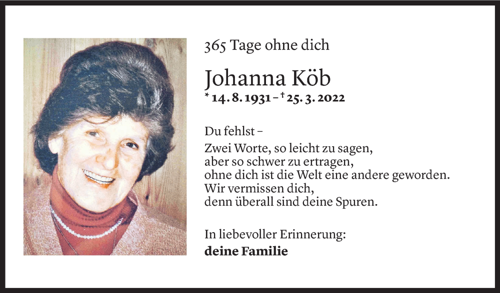  Todesanzeige für Johanna Köb vom 25.03.2023 aus Vorarlberger Nachrichten
