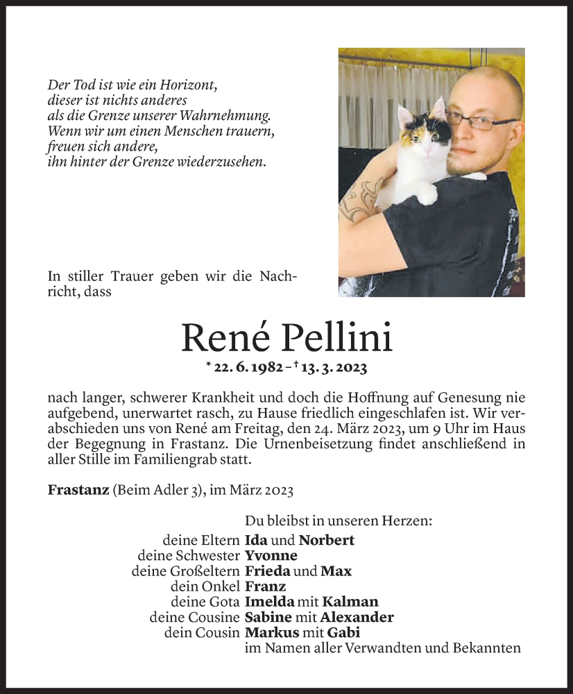  Todesanzeige für René Pellini vom 21.03.2023 aus Vorarlberger Nachrichten