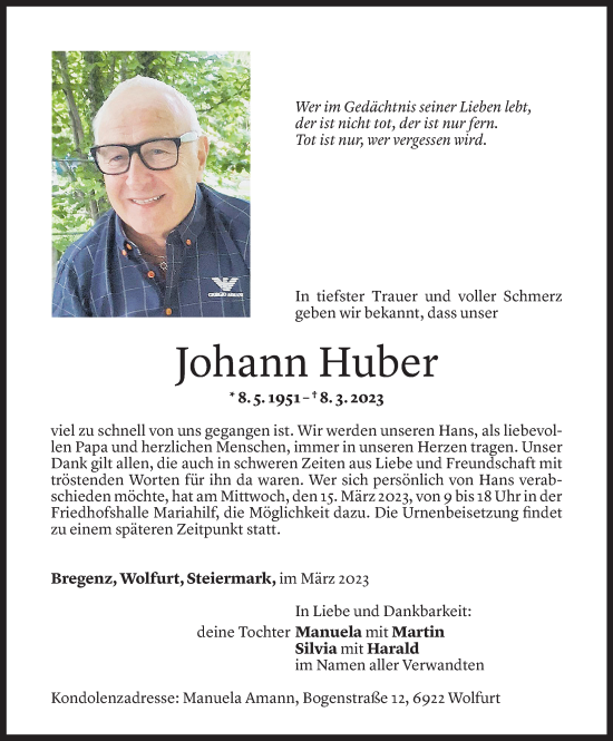 Todesanzeige von Johann Huber von Vorarlberger Nachrichten